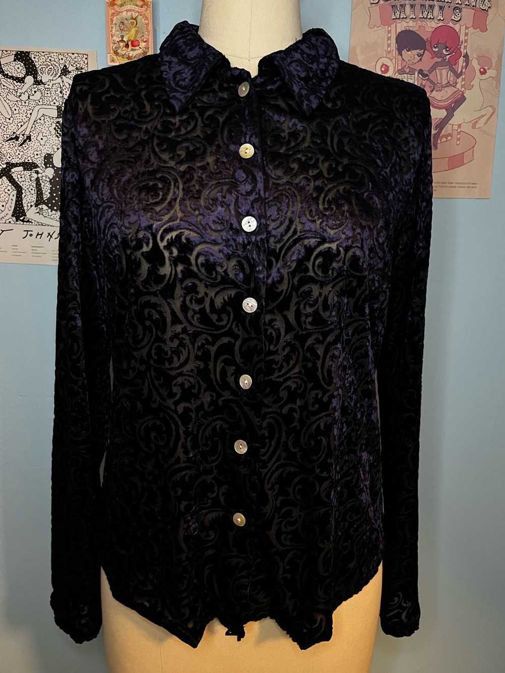 90s/Y2K Bedo Purple Burnout Velvet Romantic Whimsigoth Blouse Shirt Medium